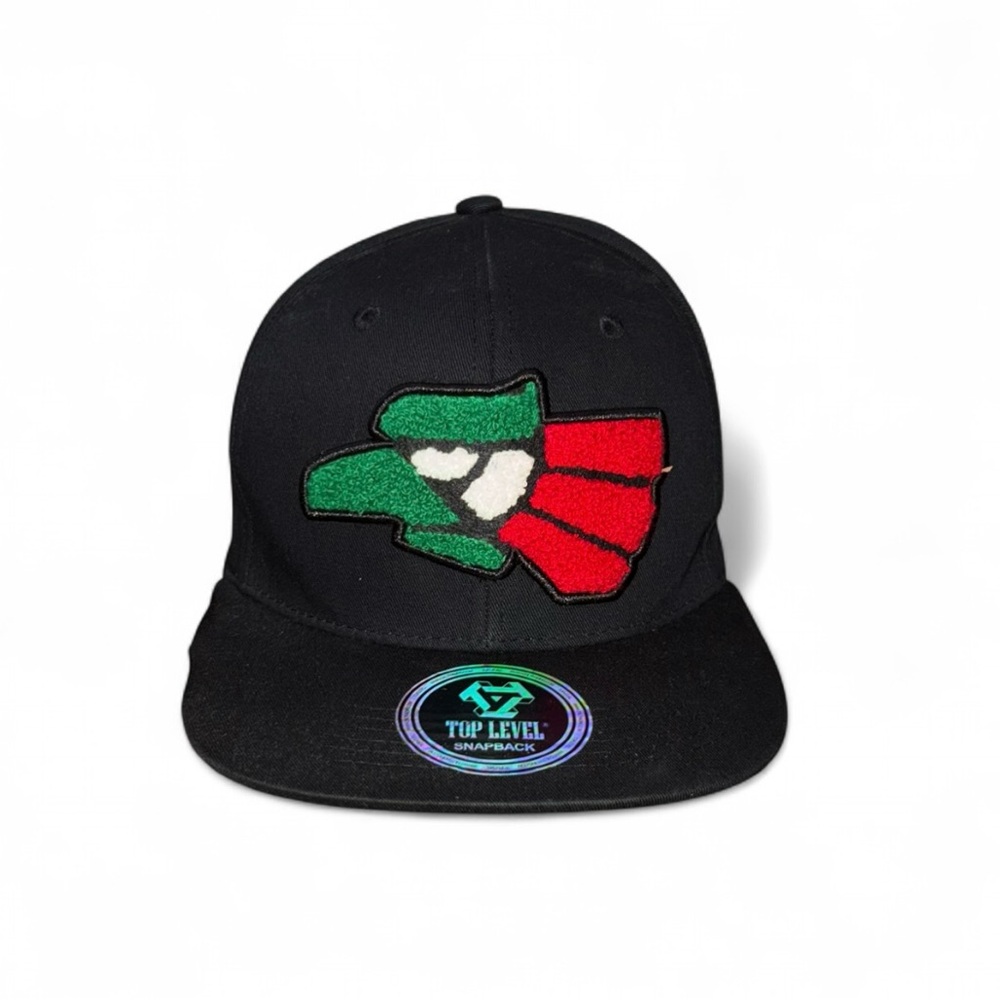 Top Level Mexico Eagle Chenille Patch Snapback Hat - Black/Green/Red Flat Bill